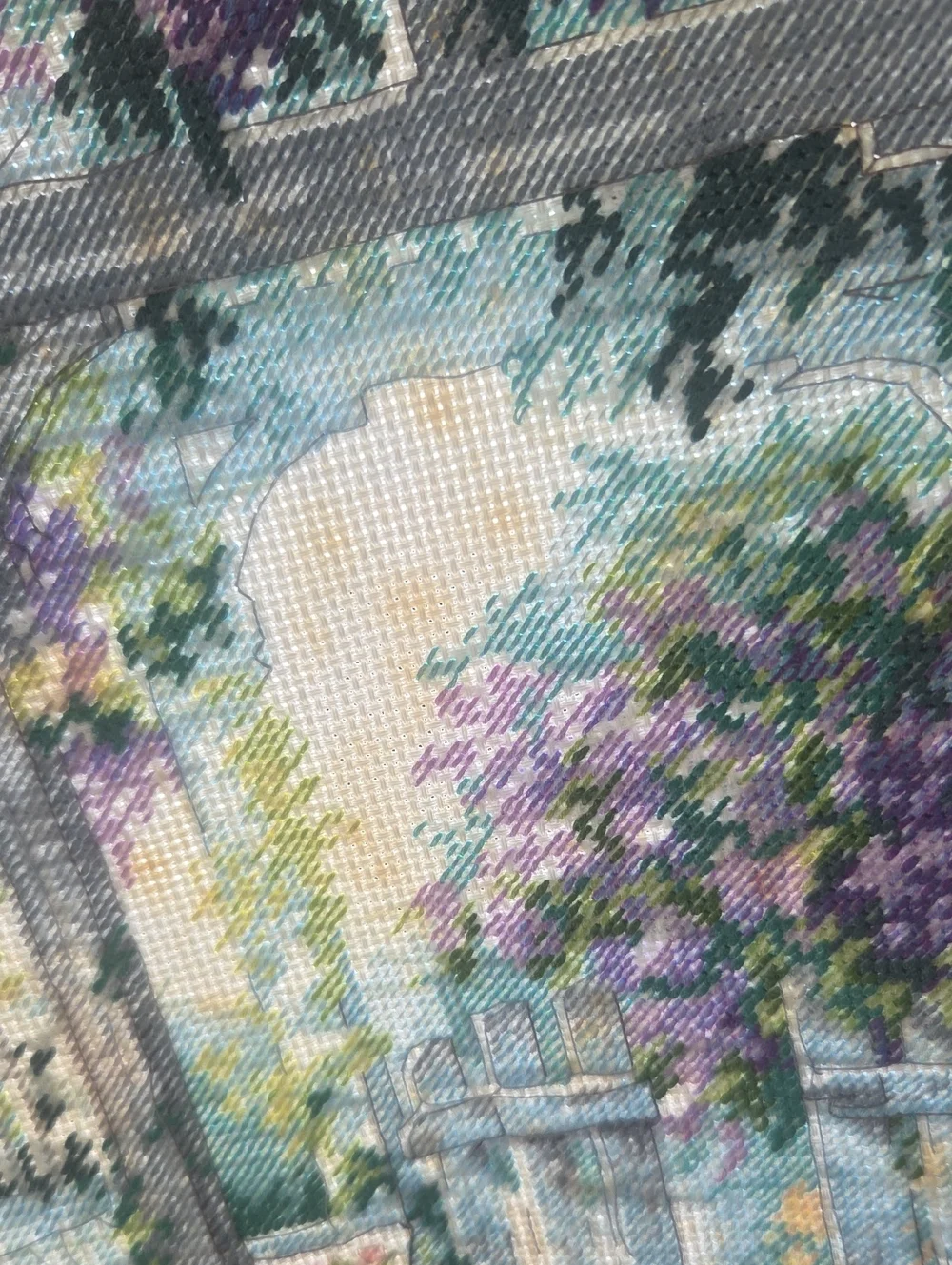 Hand-Embroidered Garden Scene Wall Art - Purple, Green, Yellow